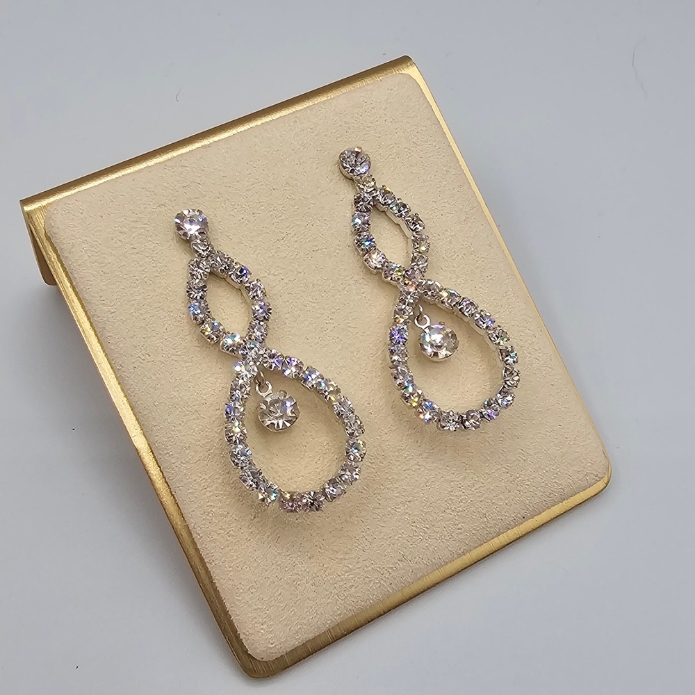 Y2K Clear Crystal Rhinestone Double Teardrop Drop Earrings Formal Bridal Sparkle - Picture 9 of 15